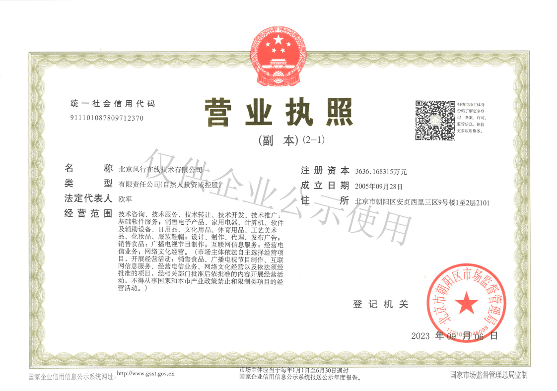 北京风行在线技术有限公司营业执照